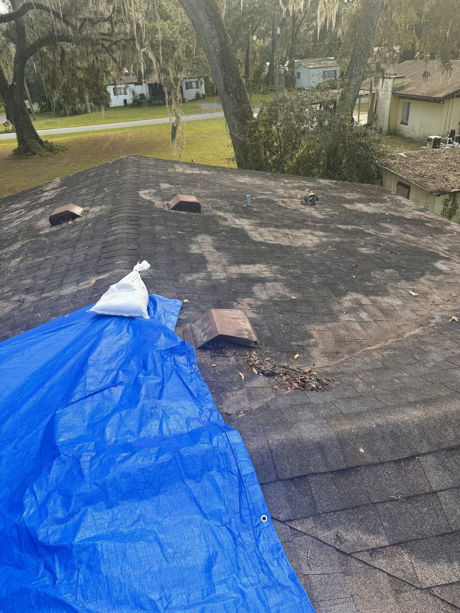 Emergency roof tarping after tree damage by State Certified Roofing Central Florida - blue tarp with sandbags on shingle roof