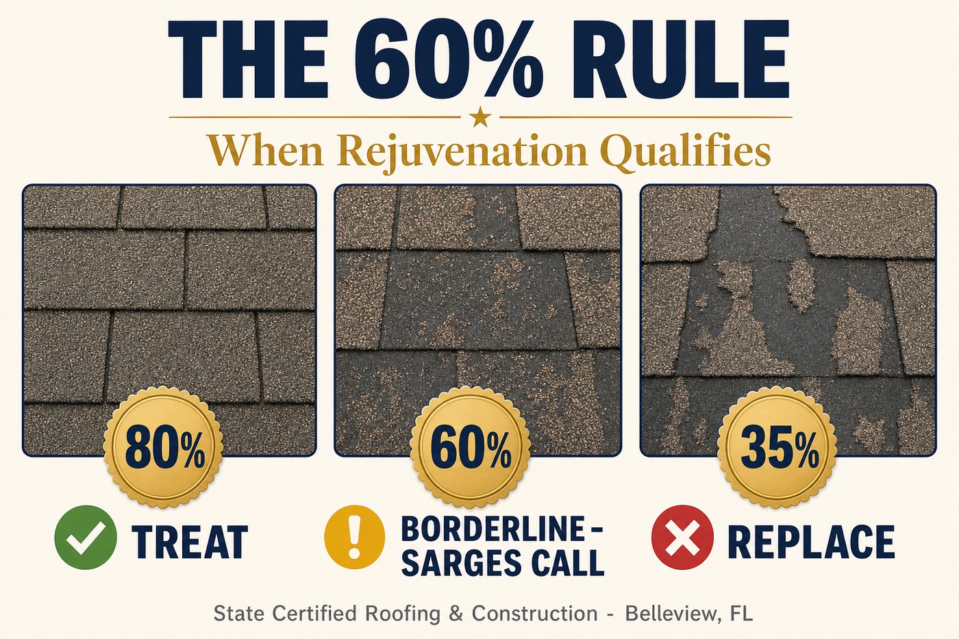 The 60% Rule infographic: 80% granule coverage treat, 60% borderline Sarge's call, 35% replace