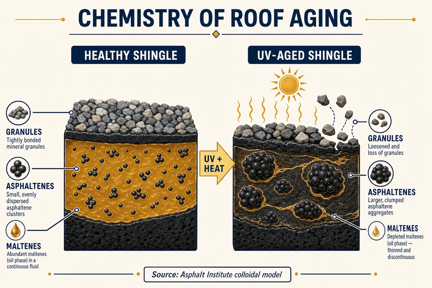 Chemistry of roof aging diagram: healthy shingle with asphaltenes suspended in maltenes versus UV-aged shingle with depleted maltenes and clumped asphaltenes