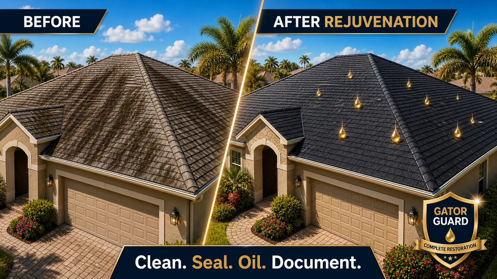 Cleaner before and after GatorGuard roof rejuvenation with visible oil droplets and GatorGuard seal