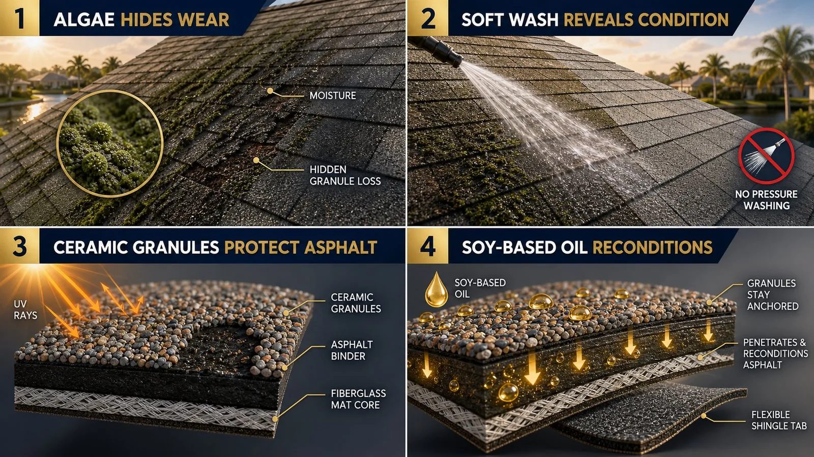 Technical illustration explaining algae, soft wash, ceramic granules, and soy-based oil on asphalt shingles