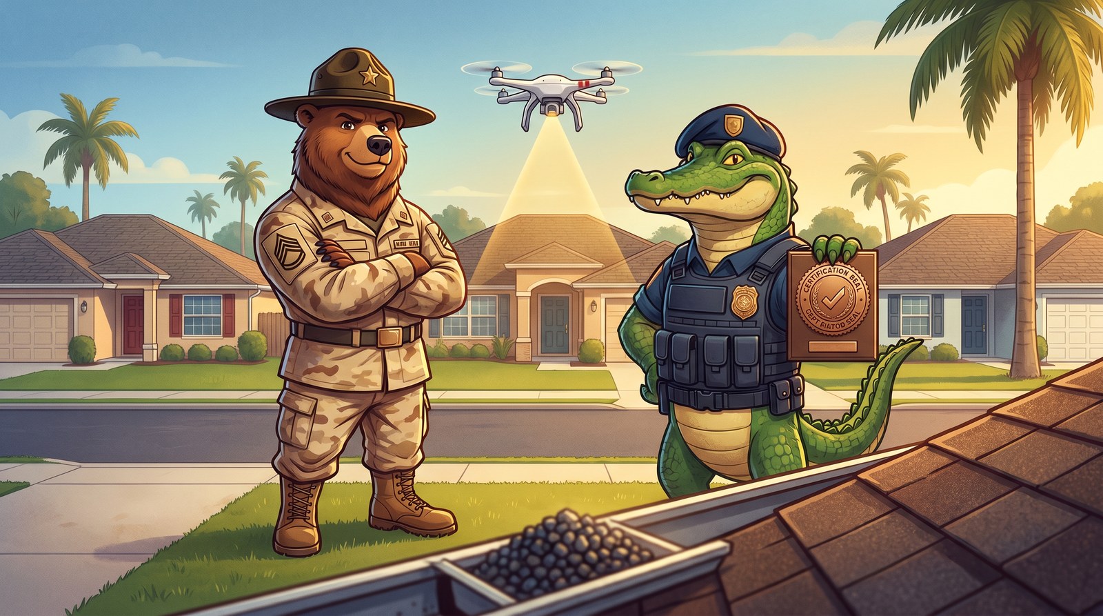 Sergeant Shingle, Gator Guard certified, and Radar the inspection drone over a Florida neighborhood roof with granule loss