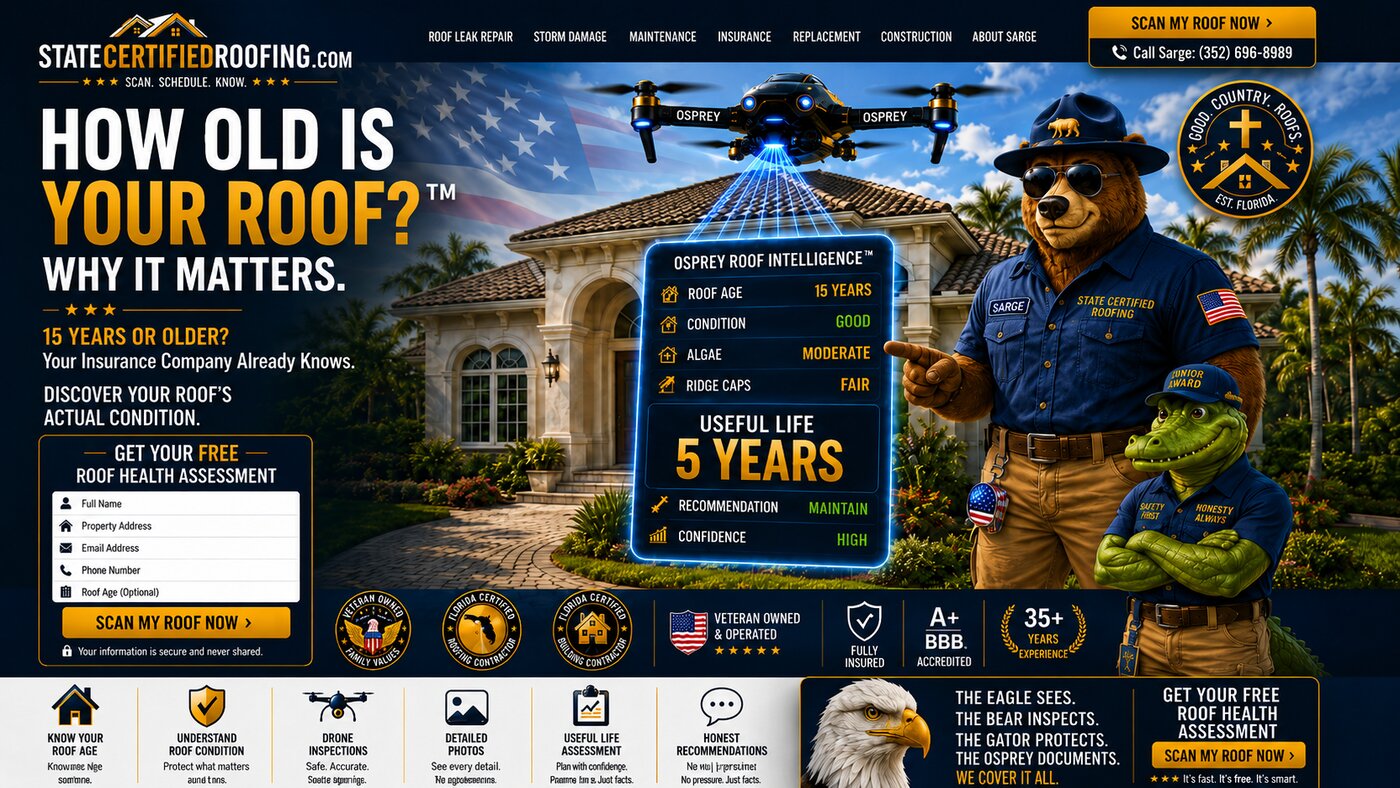 Sarge asking how old is your roof in front of a Florida home during a storm