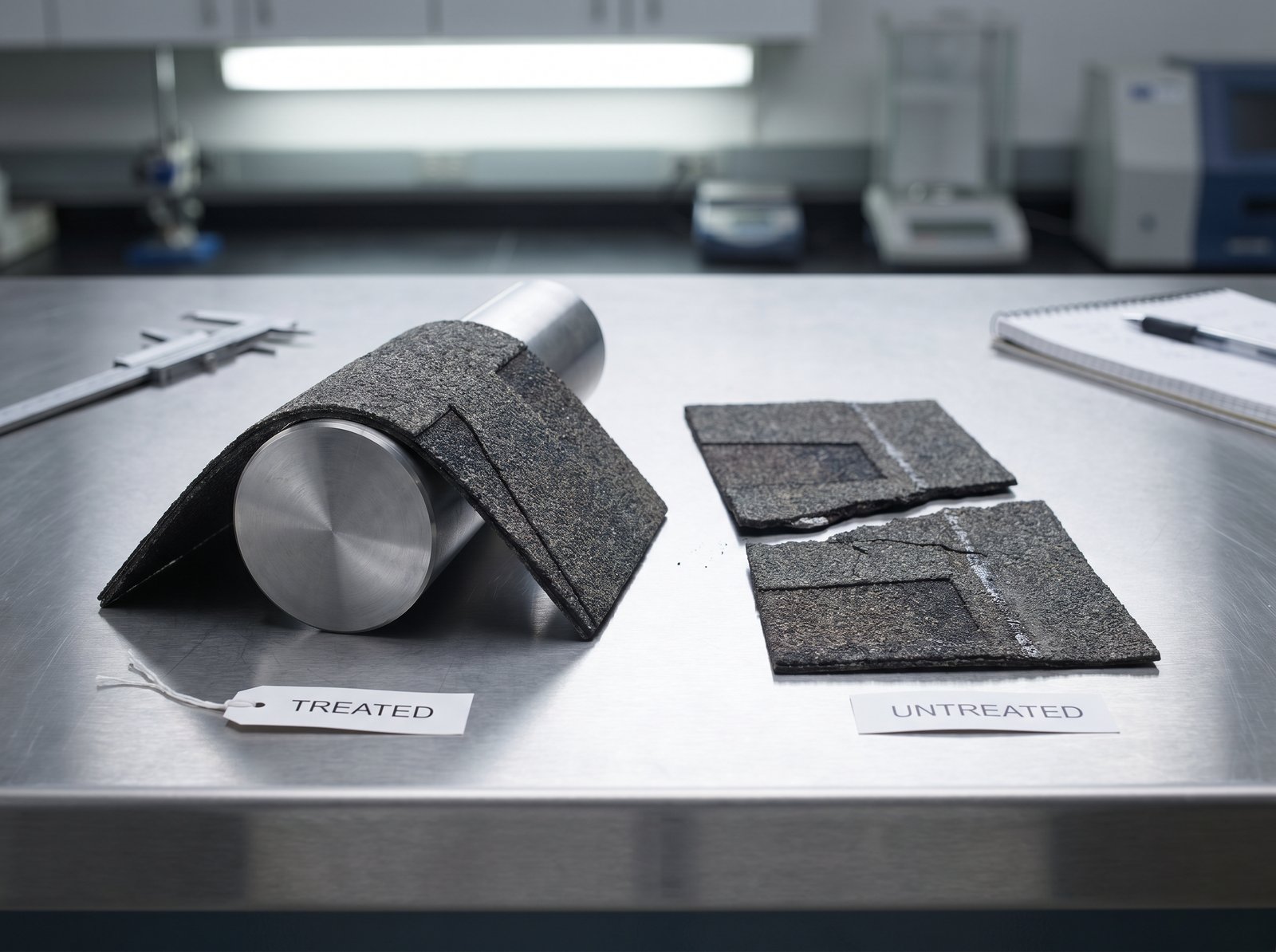 ASTM-style mandrel bend test - treated shingle bent without cracking next to untreated shingle that snapped