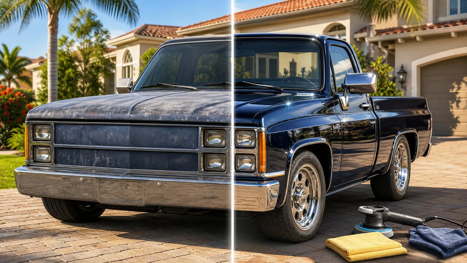 Before and after illustration of a paid-off truck with faded paint restored to a polished finish