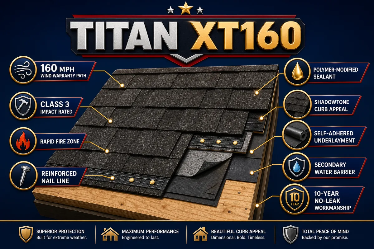 Technical illustration of Titan XT160 roof replacement attributes including 160 MPH wind path, Class 3 impact, reinforced nail line, self-adhered underlayment, secondary water barrier, and 10-year no-leak workmanship