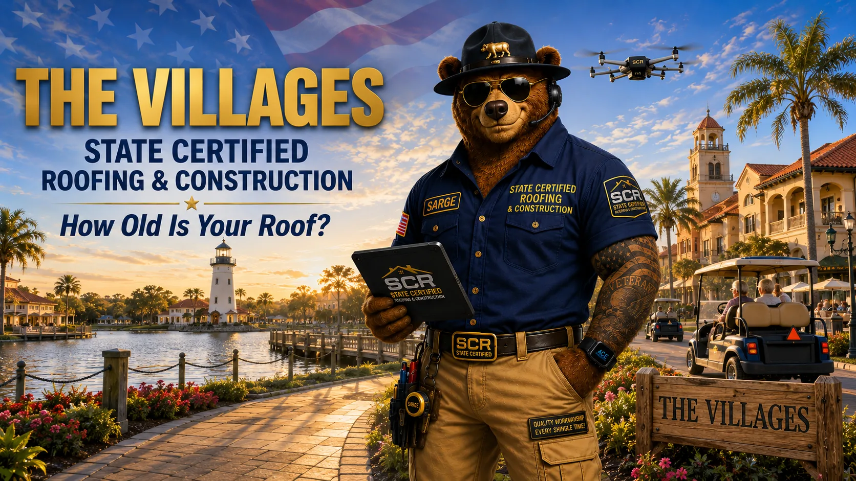 Roofing contractor in The Villages FL — Sarge of State Certified Roofing at the lakefront town square with golf carts