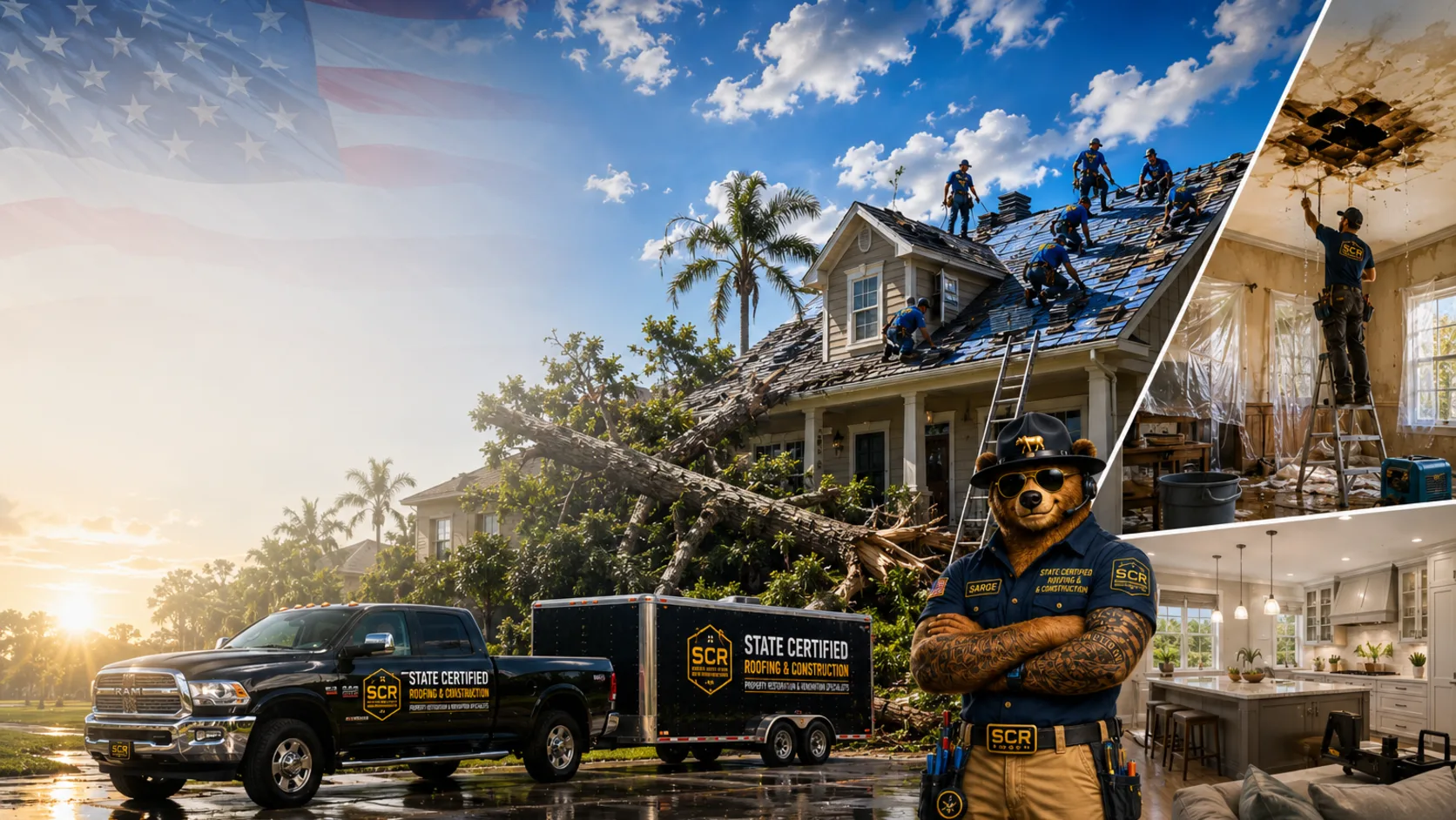 Sarge of State Certified Roofing & Construction with storm damage crew, fallen tree on roof, and SCR truck in Central Florida