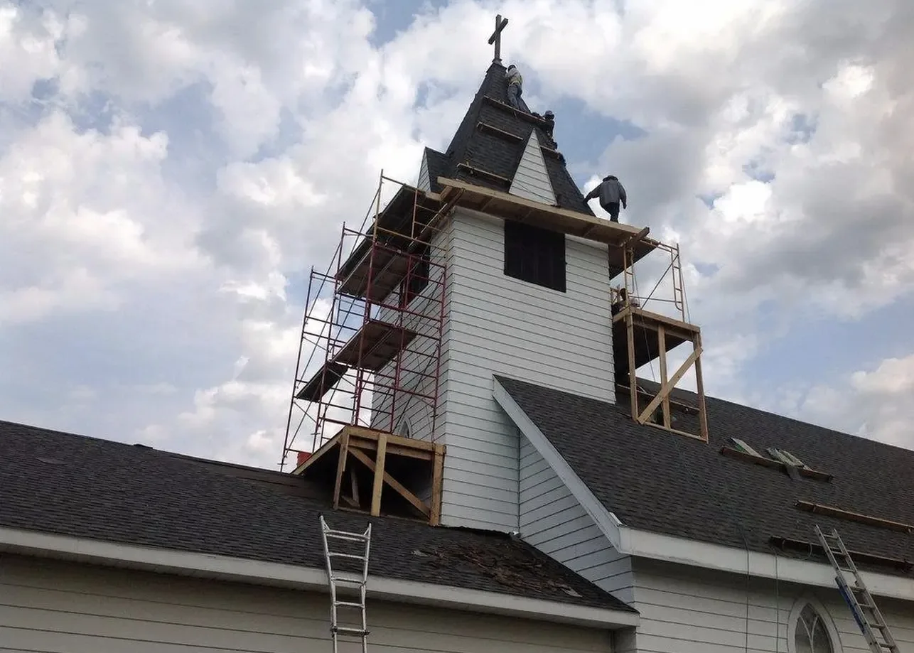 Metal roof ridge and spire detail, Church on the Hill