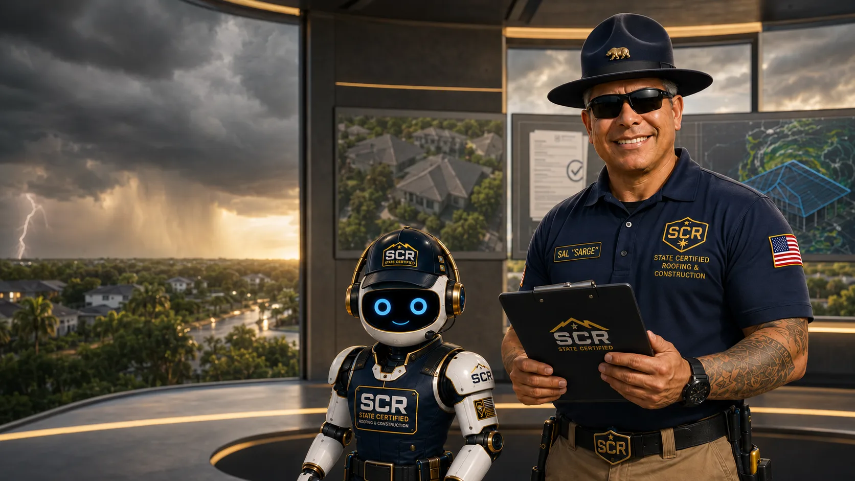 Sal Sarge Ybarra and ACE the robot in the S.C.R. Command Center reviewing aerial roof imagery, permit history and storm data for Central Florida properties