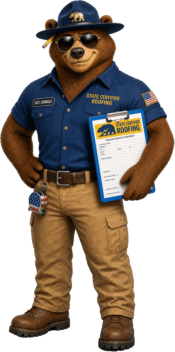 Sgt. Shingle, State Certified Roofing brand mascot, in ranger hat and aviators